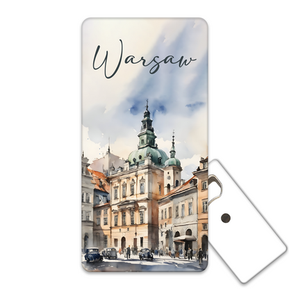 Magnetyczny otwieracz do butelek z motywem Starego Miasta w Warszawie w stylu akwareli, praktyczny i stylowy, idealny jako pamiątka lub prezent